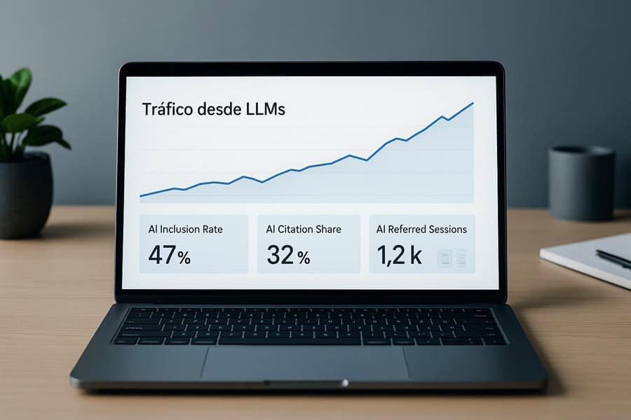 Dashboard con métricas de LLMO y gráfico ascendente para seguimiento de IA.