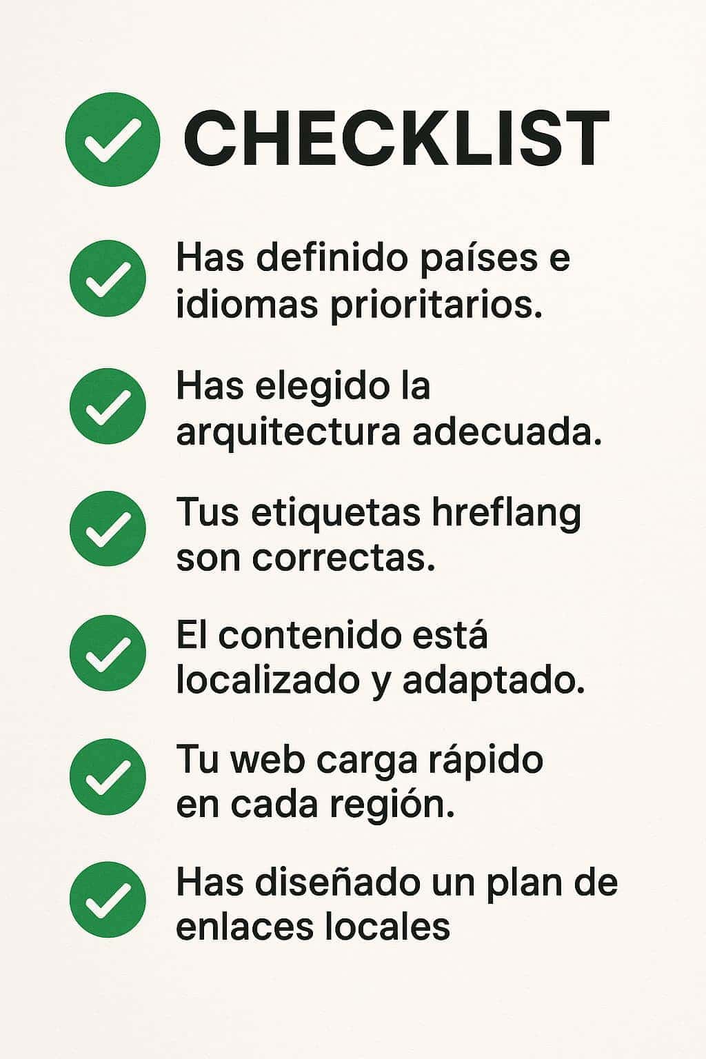 Checklist visual para SEO internacional: estructura, hreflang, contenido localizado, autoridad y medición