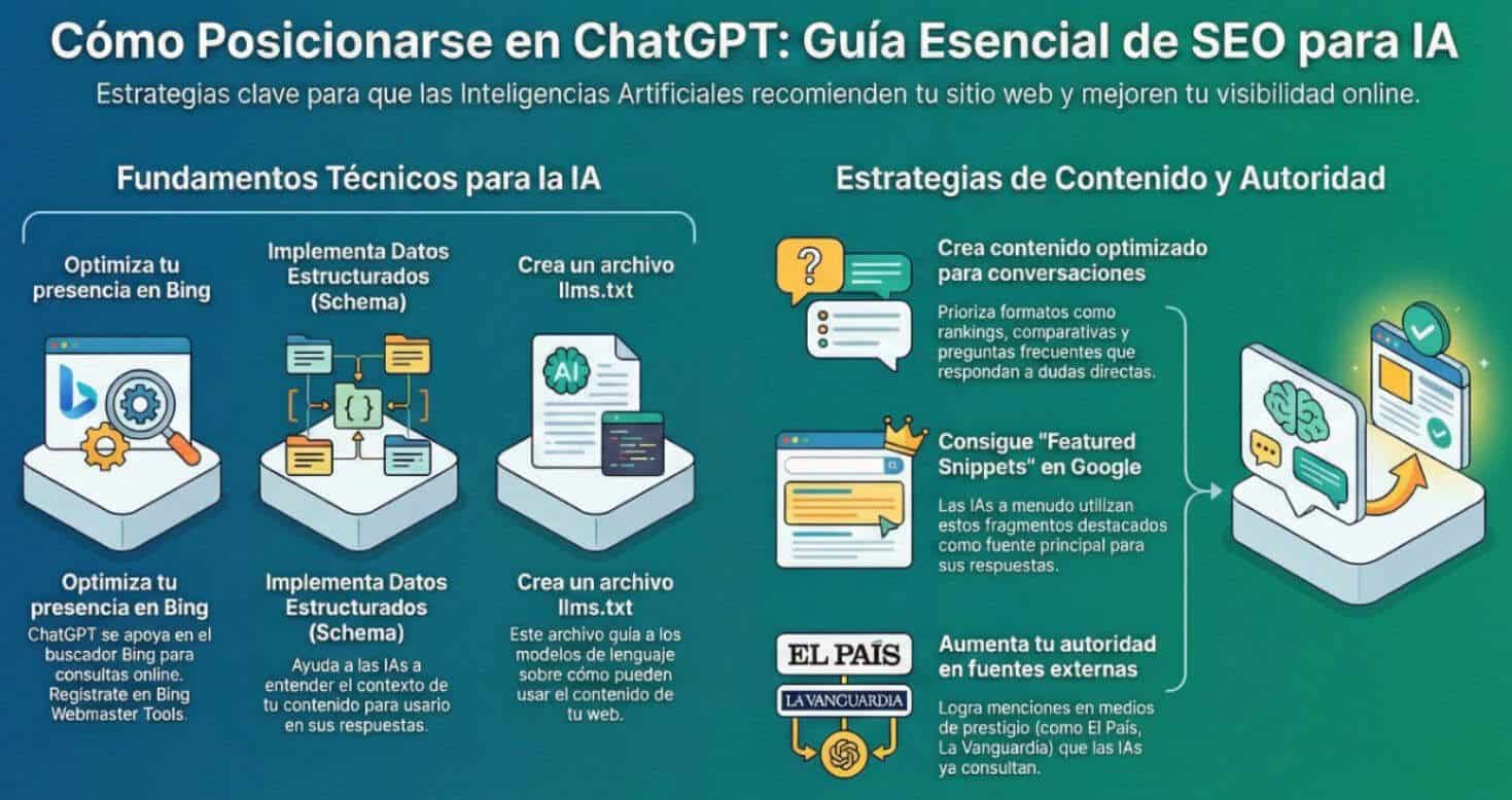 Infografía detallada con 10 estrategias de SEO para posicionarse en ChatGPT y otras IAs. Incluye pasos técnicos como la creación del archivo llms.txt, registro en Bing y uso de datos estructurados, junto con estrategias de contenido conversacional y autoridad de marca según la guía de Rodanet.