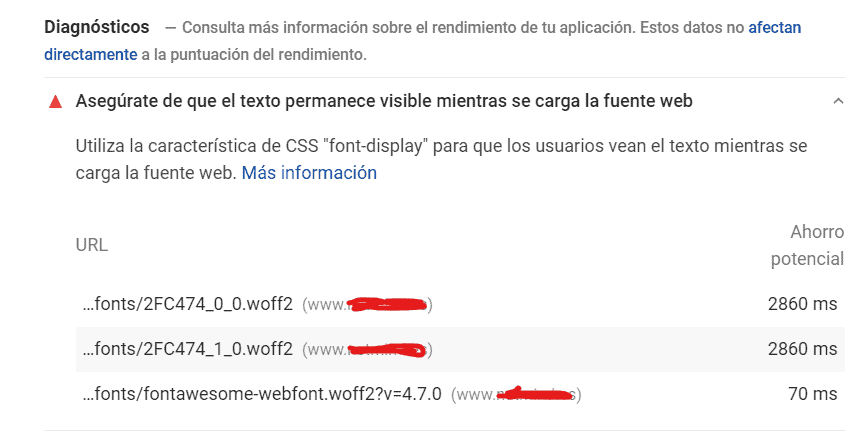 Aviso de PageSpeed Insights sobre texto visible durante la carga de fuentes web