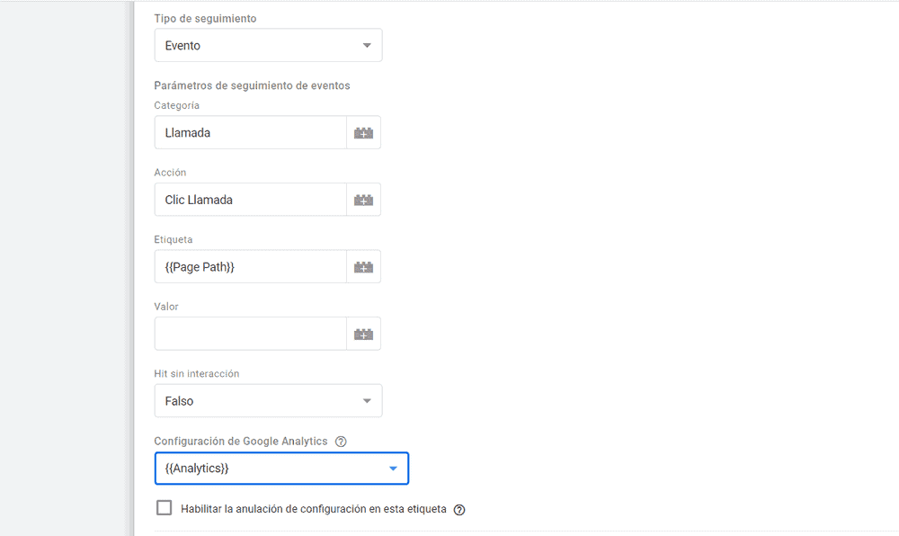 configuración de la etiqueta