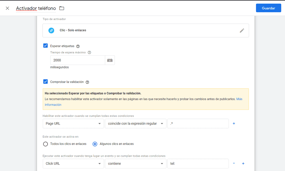 configuración de activador para url de telefono