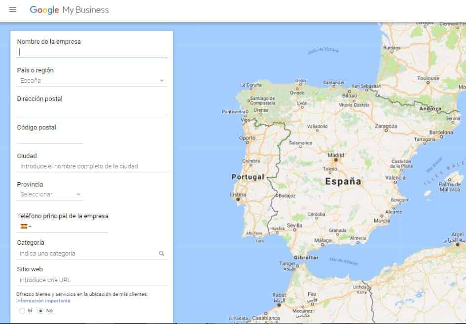 Pantalla de registro para crear una ficha de negocio en Google My Business (Perfil de Empresa)