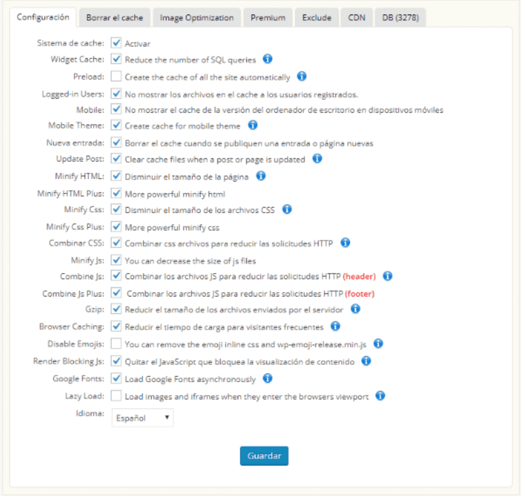 wp fastest cache configuración